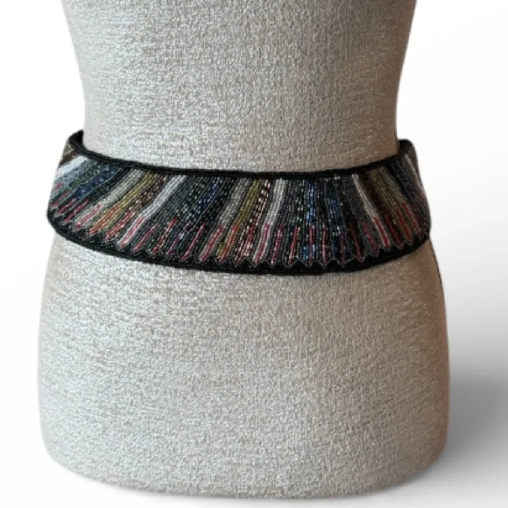 Vintage La Regale Multicolor Beaded Statement Waist Belt Black Retro Glam Size M